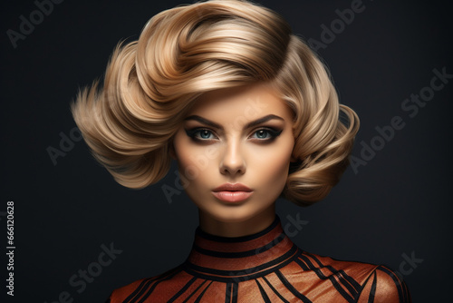 A woman s hair is elegantly styled and put in place  showcasing the meticulous work that results in a stunning and fashion-forward haircut. 