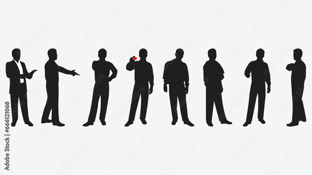 Business men's character set in various poses. Flat vector illustrations. Group of business people silhouettes. Men in suits Business men's character set in various poses. Flat vector illustrations. Group of business people silhouettes. Men in suits