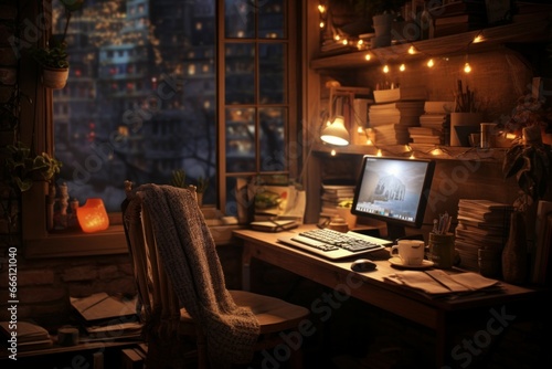 Inviting Cozy workspace. Desktop plant spring. Generate Ai