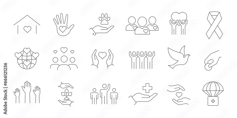 Volunteering. Charity. A set of linear icons. Vector image.