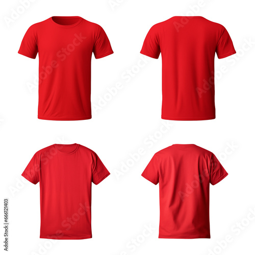 A realistic set of male red t-shirts mockup front and back view isolated on a transparent background, cut out