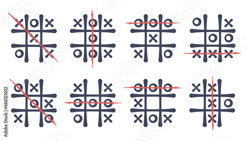 Set of Hand drawn outline templates famous exciting game on white background. Classic child's play of tic tac toe. Cross, zero, lines. Competition concept,  puzzle, business. Vector illustration