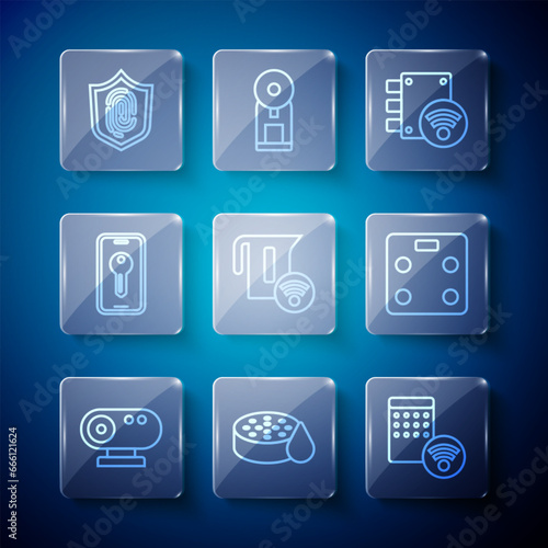 Set line Web camera, Water sensor, Air humidifier, Digital door lock, Smart electric kettle, key, Fingerprint and bathroom scales icon. Vector