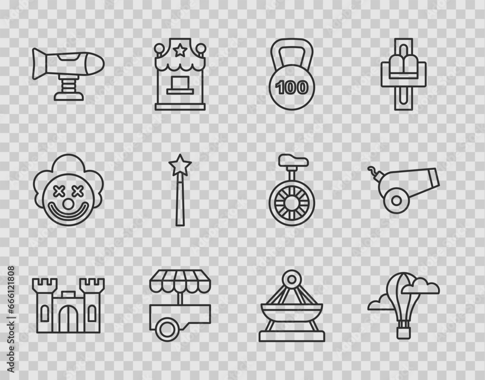 Set line Castle, Hot air balloon, Weight, Fast street food cart, Swing plane, Magic wand, Boat swing and Cannon icon. Vector Set line Castle, Hot air balloon, Weight, Fast street food cart, Swing plane, Magic wand, Boat swing and Cannon icon. Vector