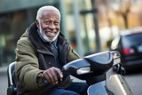 Elderly African American man on a mobility scooter on street, senior's outdoor adventure