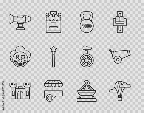 Set line Castle, Hot air balloon, Weight, Fast street food cart, Swing plane, Magic wand, Boat swing and Cannon icon. Vector