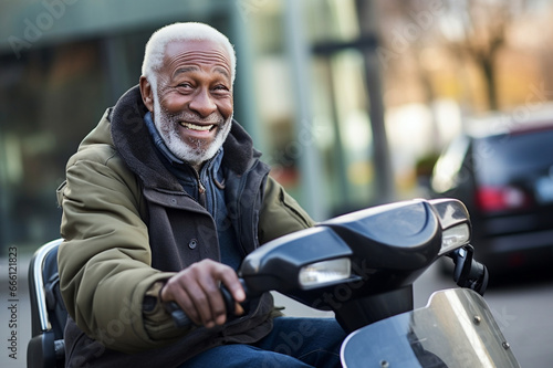 Elderly African American man on a mobility scooter on street, senior's outdoor adventure photo