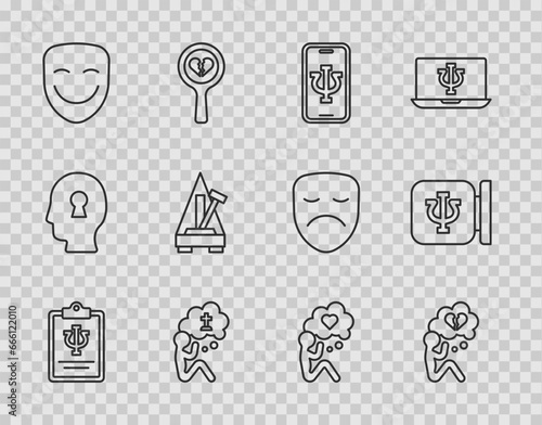 Set line Psychology, Psi, Broken heart or divorce, Psychologist online, Man graves funeral sorrow, Comedy theatrical mask, Metronome with pendulum, Head and icon. Vector