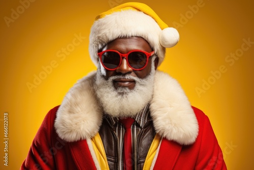 Close-up portrait of a black man Santa Claus  cute  bespectacled  happy gray-haired Santa  on a bright yellow background. AI generated