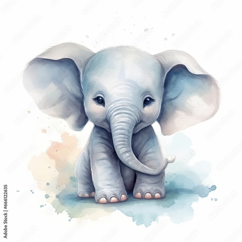 A cartoon elephant sitting on the ground with big ears