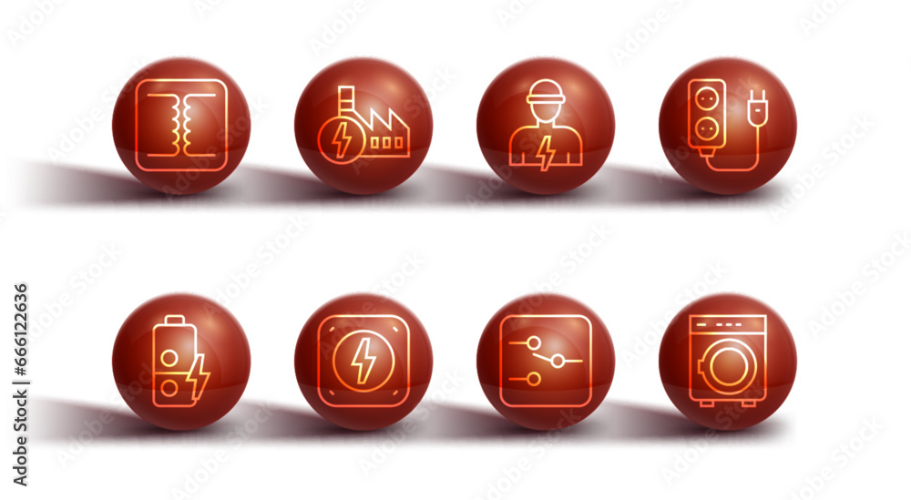 Set line Electrical transformer, Battery charge, extension, Switch in electronic circuit, Lightning bolt, Nuclear power plant, Washer and Electrician icon. Vector Set line Electrical transformer, Battery charge, extension, Switch in electronic circuit, Lightning bolt, Nuclear power plant, Washer and Electrician icon. Vector