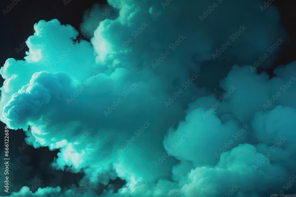 Turquoise Color smoke. Paint water splash. Fire flame. Cosmic stardust. Glowing glitter vapor texture on dark black abstract art background with free space.