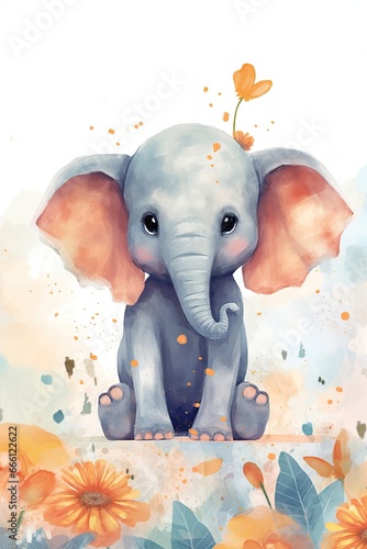 A cartoon elephant sitting on the ground with big ears