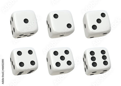 White 3d cube for Casino board games. Rolling dice icon in flight close up different combinations, isolated on white background. Vector illustration.