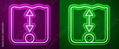 Glowing neon line Depth measurement icon isolated on purple and green background. Water depth. Vector