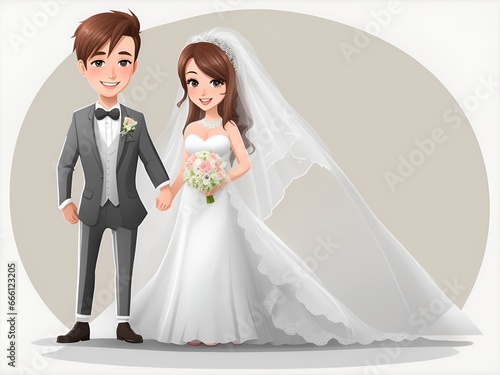 Cute newly wed bride and groom, just married couple holding hands, background with copy space for wedding invitation or congratulations
