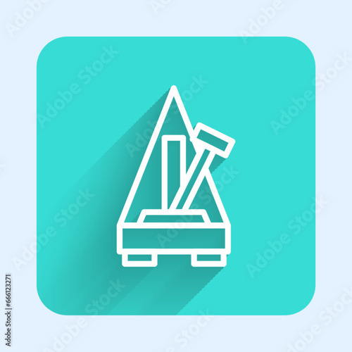 White line Classic Metronome with pendulum in motion icon isolated with long shadow background. Equipment of music and beat mechanism. Green square button. Vector