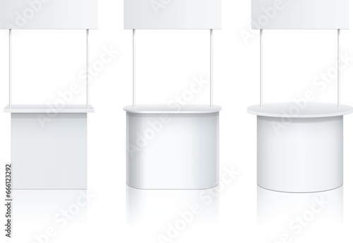 Advertising POS POI Promotion counter, Retail Trade Stand Isolated on the white background. MockUp Template For Your Design. Front view and perspective view. Vector illustration.