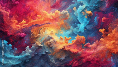 Abstract backdrop with swirling cosmic patterns, nebula clouds, and vibrant colors. © xKas