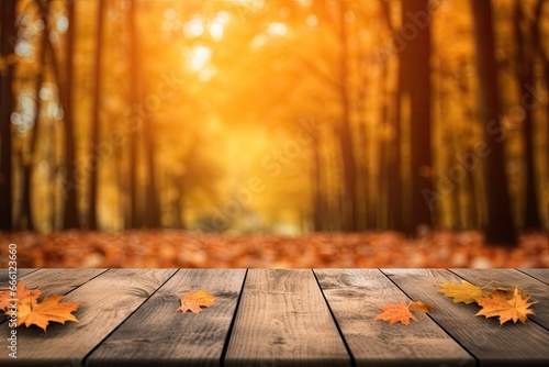a wooden floor with orange and yellow autumn leaves, in the style of vibrant stage backdrops, mysterious backdrops, spectacular backdrops, nature-inspired pieces, textural richness, soft © hisilly