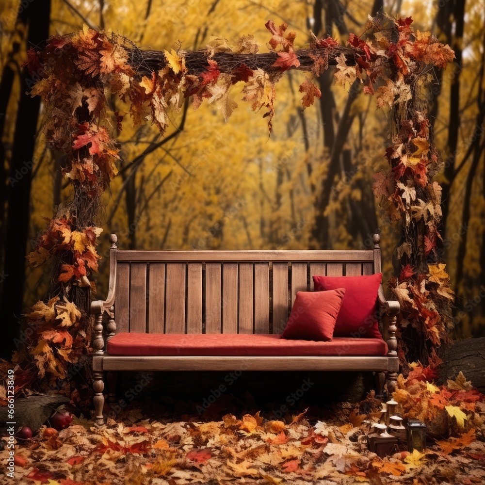 a wooden floor with orange and yellow autumn leaves, in the style of vibrant stage backdrops, mysterious backdrops, spectacular backdrops, nature-inspired pieces, textural richness, soft