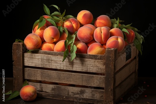 Wooden Crate peaches dark room. Organic diet. Generate Ai