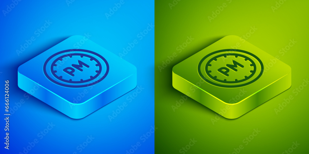 Isometric line Day time icon isolated on blue and green background. Time symbol. Square button. Vector Isometric line Day time icon isolated on blue and green background. Time symbol. Square button. Vector