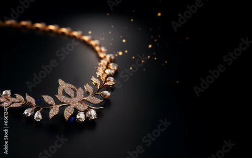 a diamond-studded gold necklace on a black background