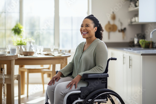 African American woman in a wheelchair, displaying joy in his kitchen