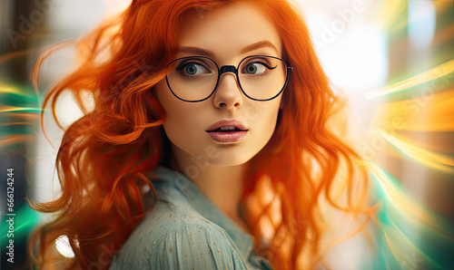 a young woman with red hair is wearing glasses