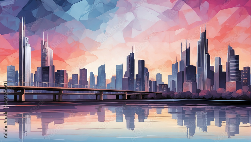 Abstract cityscape backdrop with skyscrapers, bridges, and a twilight color scheme.