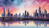 Abstract cityscape backdrop with skyscrapers, bridges, and a twilight color scheme.