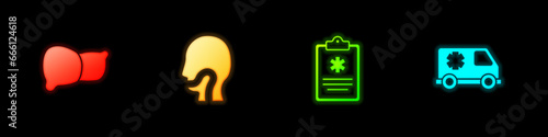 Set Human organ liver, Sore throat, Clinical record and Emergency car icon. Vector