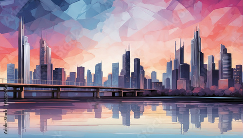 Abstract cityscape backdrop with skyscrapers  bridges  and a twilight color scheme.