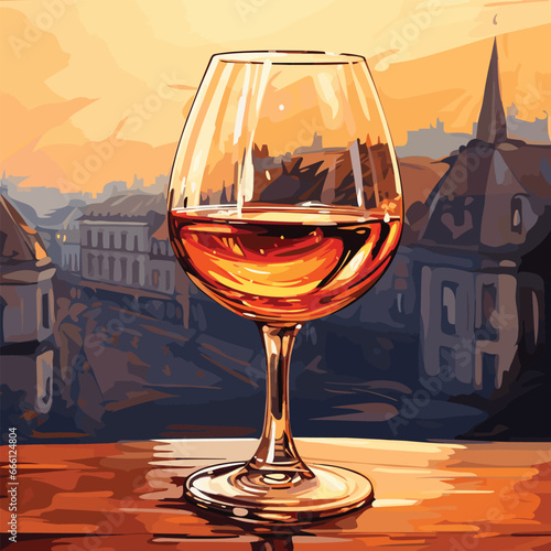 A glass of cognac on the table on the old city background. Vector