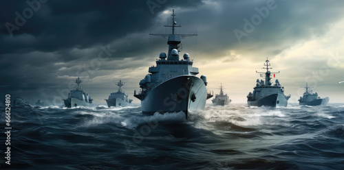 Fotografia a group of battle ships moving along a blue ocean with large clouds