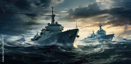 a group of battle ships moving along a blue ocean with large clouds