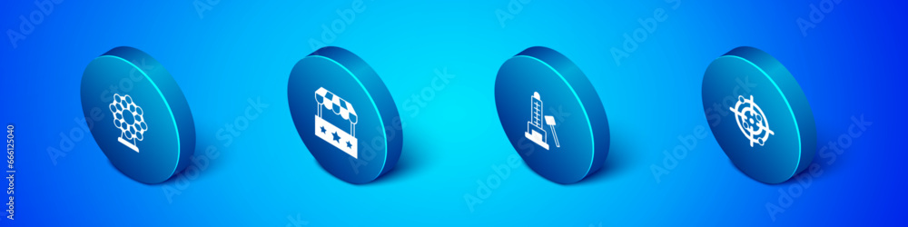 Fototapeta premium Set Isometric Ferris wheel, Striker attraction with hammer, Target sport and Ticket box office icon. Vector