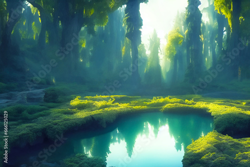 Fantasie voll romantisch mystischer alter Wald im Morgendunst Sonnenaufgang mit Sonnenstrahlen, die durch dichte Bäume und Grün strahlen. Ein Teich im Zentrum. Märchenhafte natürliche Romantik. photo