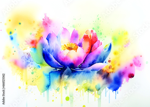  Pflanzen und natürliche Arten Vielfalt: See Rose Blüte Lotus in regenbogen bunten Wasserfarben mit Spritzern und Kleksen vor einem weißen Hintergrund als Vorlage und kunstvolle Gestaltung Elemente