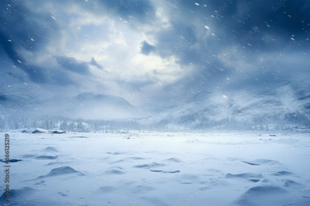 Stormy Sky Over Snow Covered Filed With Mountains In The Background. Winter Landscape. Ai Generated

