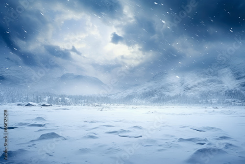 Stormy Sky Over Snow Covered Filed With Mountains In The Background. Winter Landscape. Ai Generated  © eclypse78