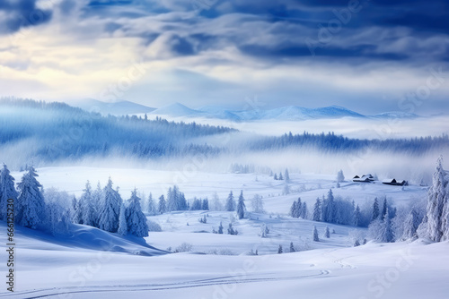Stormy Sky Over Snow Covered Village And Forest. Winter Landscape At The Mountain. Ai Generated 