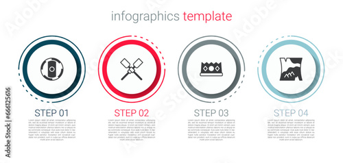 Set Shield viking, Oars or paddles boat, King crown and Folded map. Business infographic template. Vector