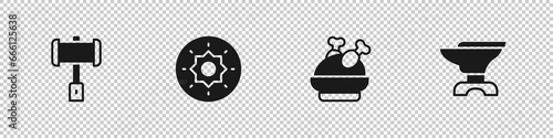 Set Battle hammer, Shield viking, Roasted turkey or chicken and Anvil for blacksmithing icon. Vector