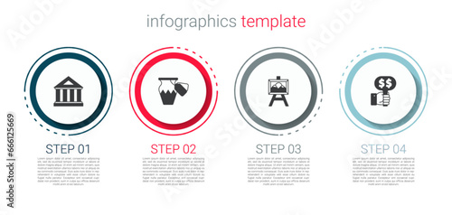 Set Museum building, Auction ancient vase, painting and Hand holding auction paddle. Business infographic template. Vector