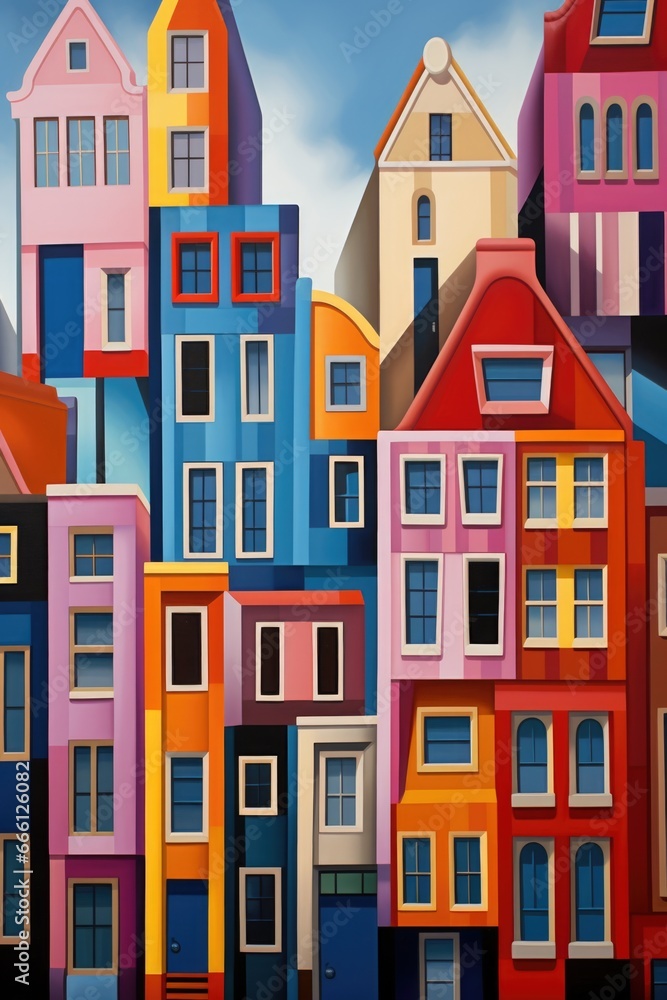 A painting of a bunch of colorful buildings