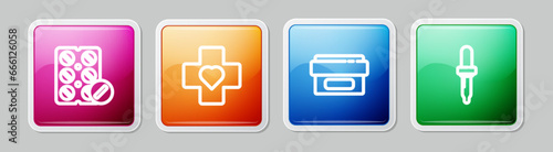 Set line Pills in blister pack, Heart with cross, Ointment cream tube medicine and Pipette. Colorful square button. Vector