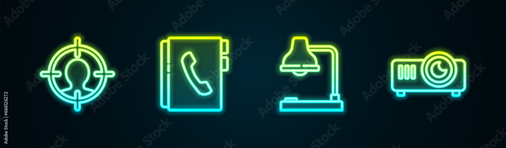 Set line Head hunting concept, Address book, Table lamp and Movie, film, media projector. Glowing neon icon. Vector Set line Head hunting concept, Address book, Table lamp and Movie, film, media projector. Glowing neon icon. Vector