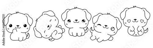 Set of Kawaii Isolated Dog Coloring Page. Collection of Cute Vector Cartoon Rottweiler Dog Outline for Stickers, Baby Shower, Coloring Book, Prints for Clothes